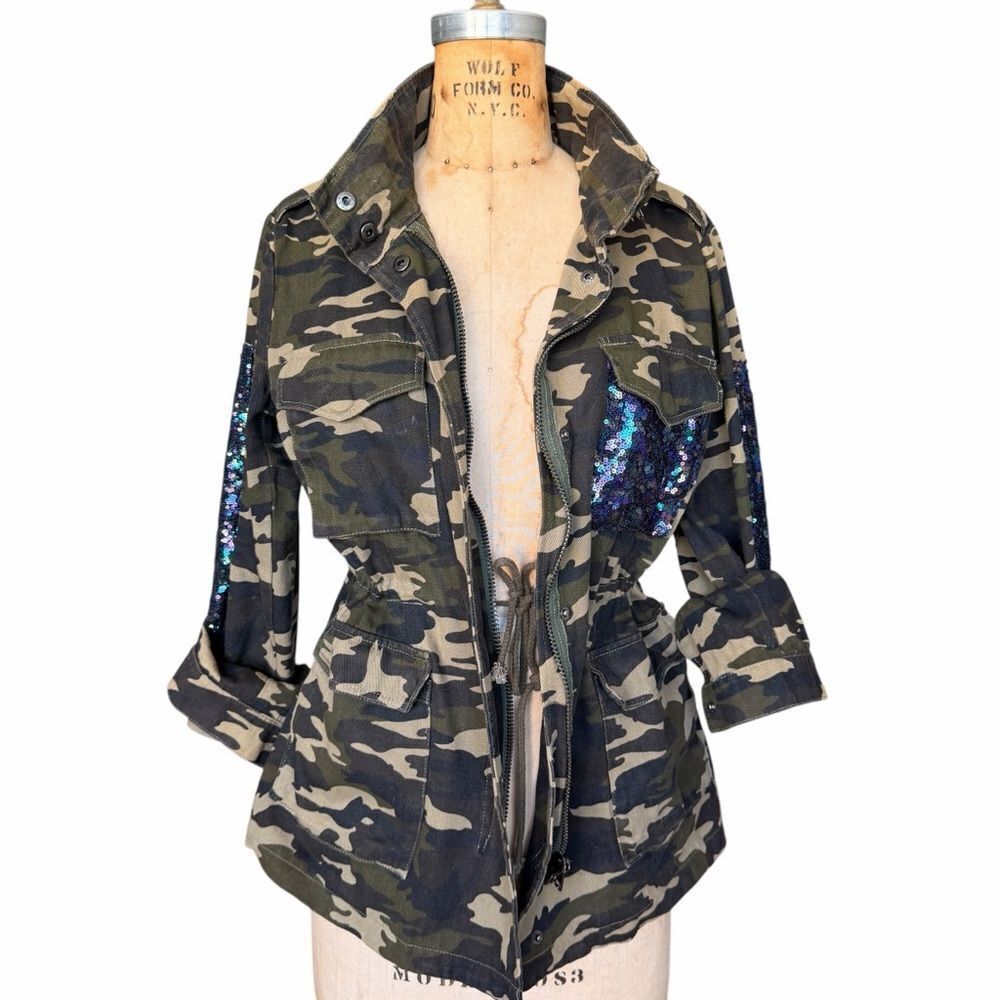 Ark NC. Camouflage Sequin Military Jacket Women's Size S